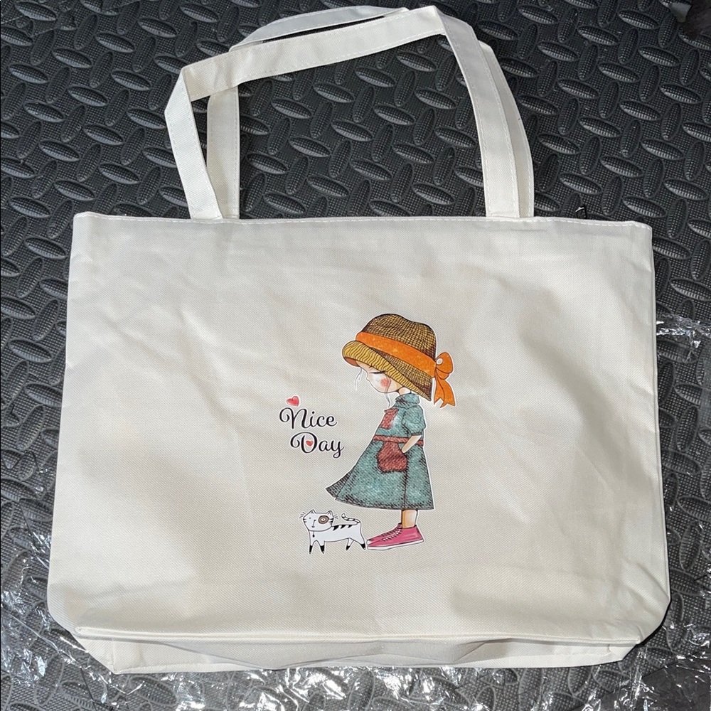 [5/$10] Cream Tote Bag with Cute Illustration